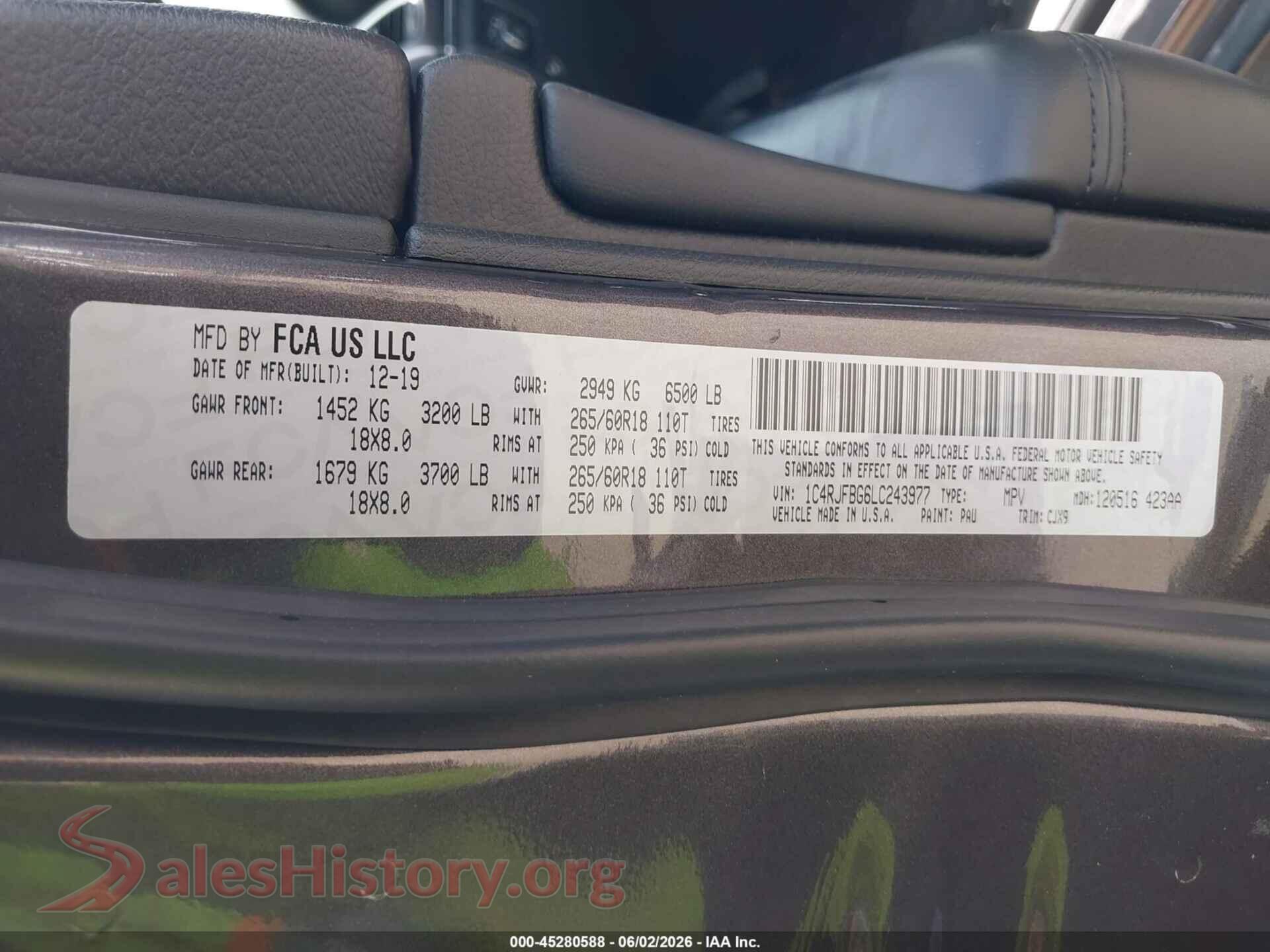2020 JEEP GRAND CHEROKEE VIN 1C4RJFBG6LC243977, engine bay