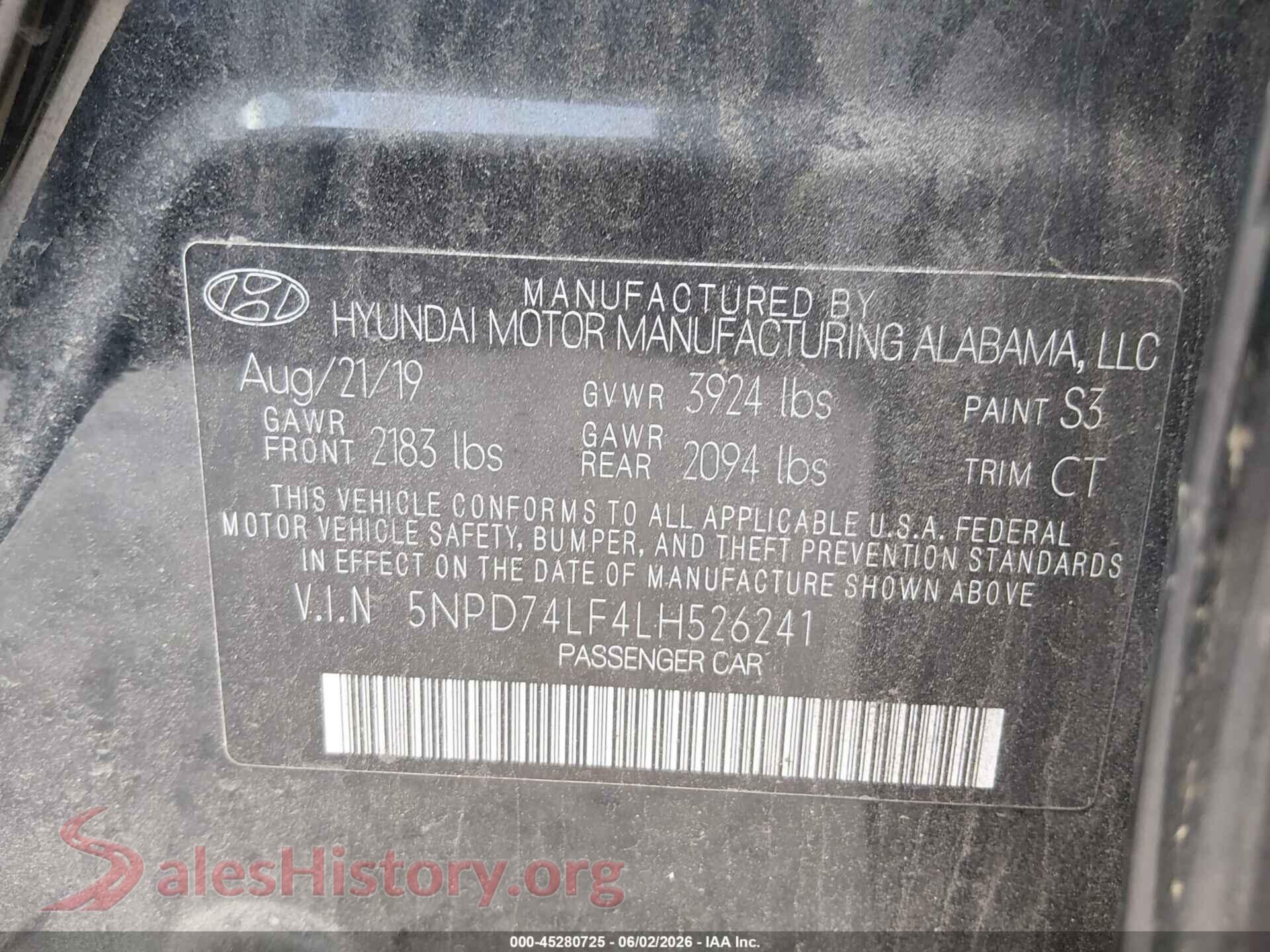 2020 HYUNDAI ELANTRA VIN 5NPD74LF4LH526241, engine bay