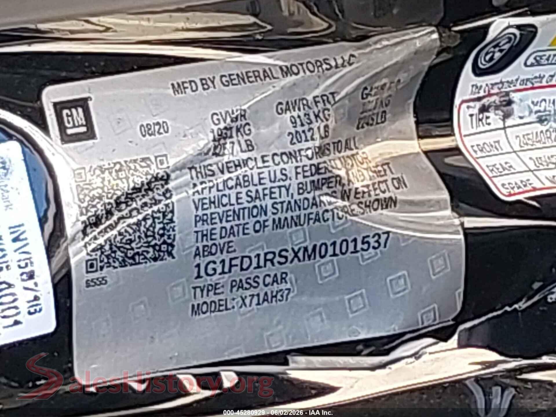 2021 CHEVROLET CAMARO VIN 1G1FD1RSXM0101537, engine bay