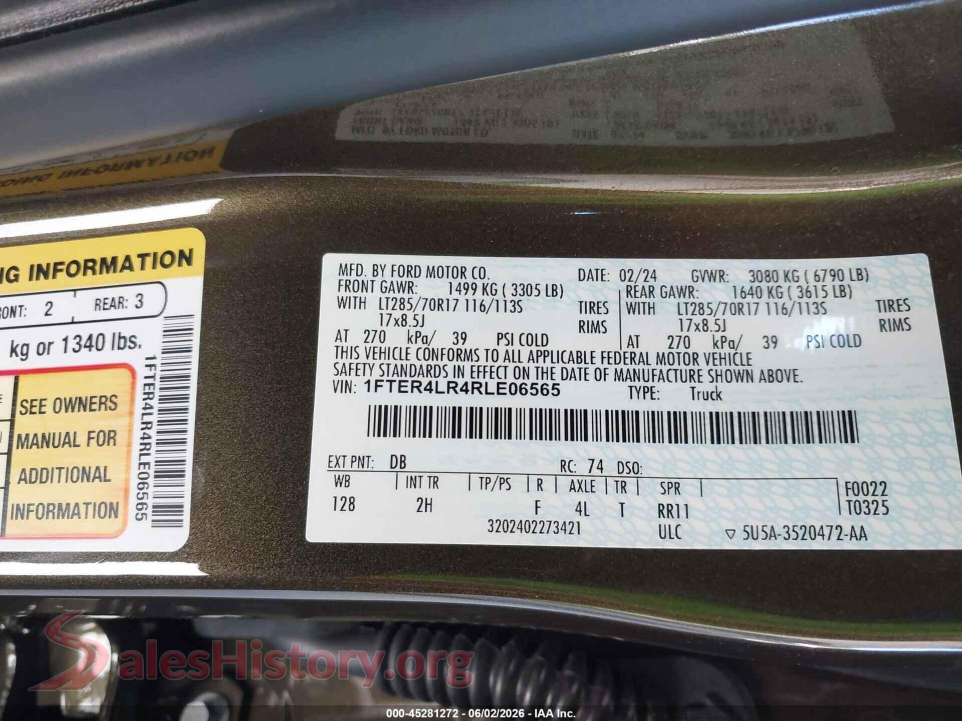 2024 FORD RANGER VIN 1FTER4LR4RLE06565, engine bay