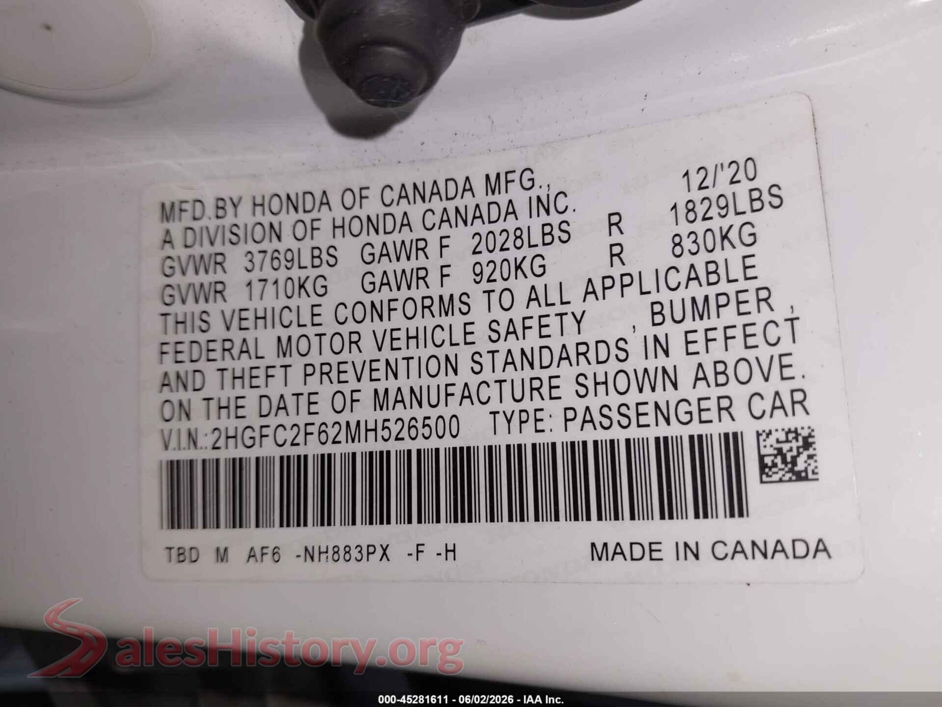 2021 HONDA CIVIC VIN 2HGFC2F62MH526500, engine bay