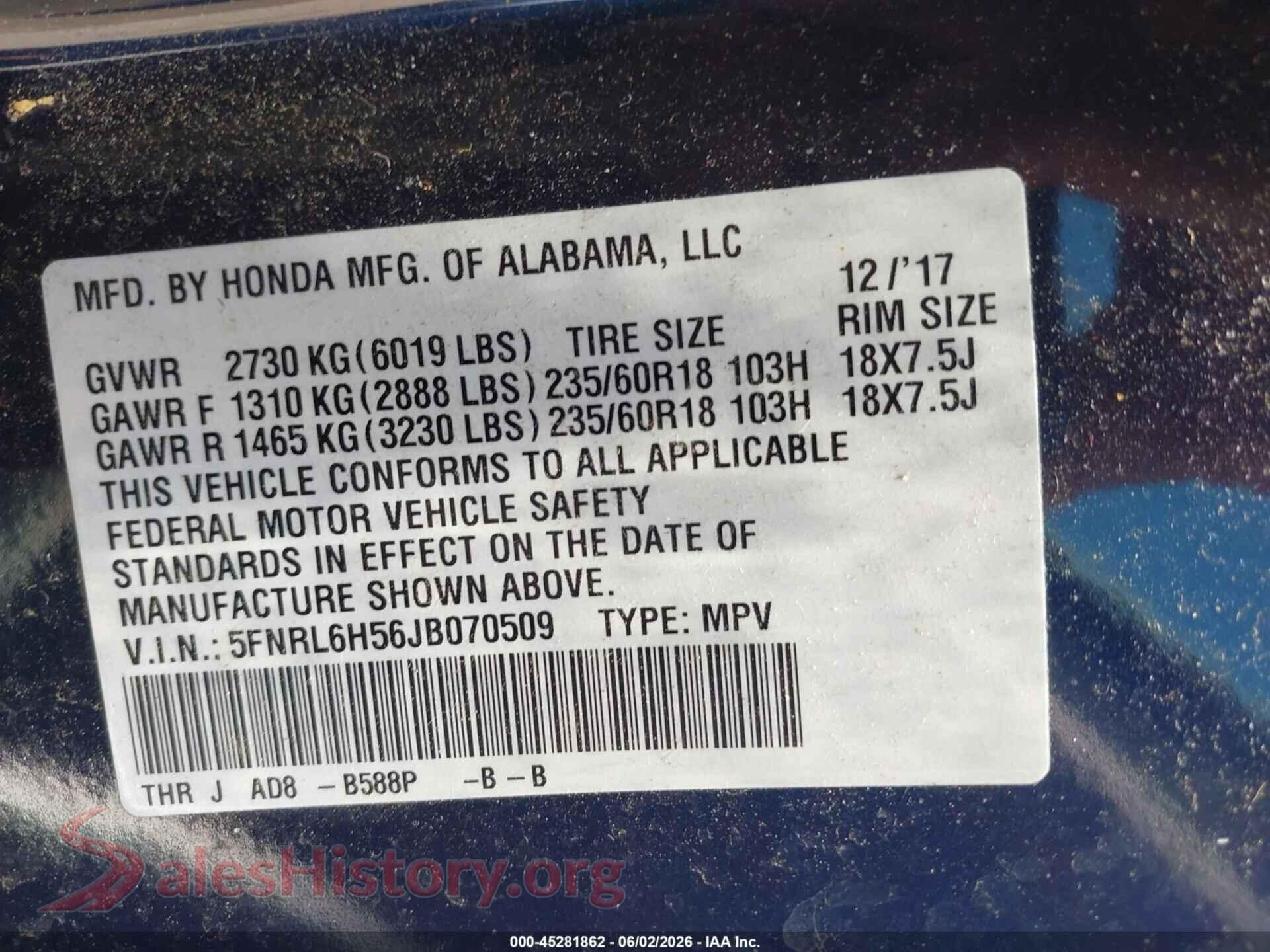 2018 HONDA ODYSSEY VIN 5FNRL6H56JB070509, engine bay